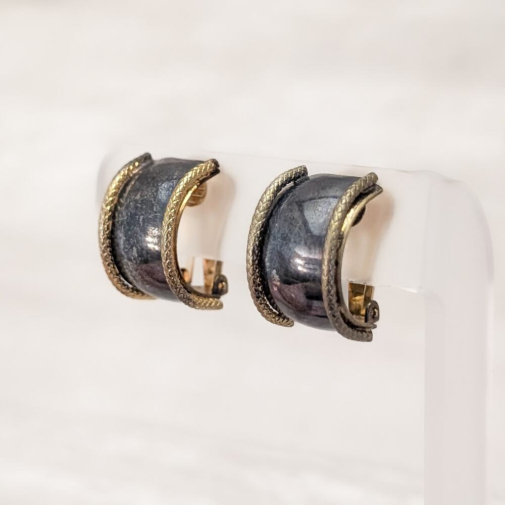 Vintage Clip On Earrings Large Chunky Two Tone Hoops - Fair Condition